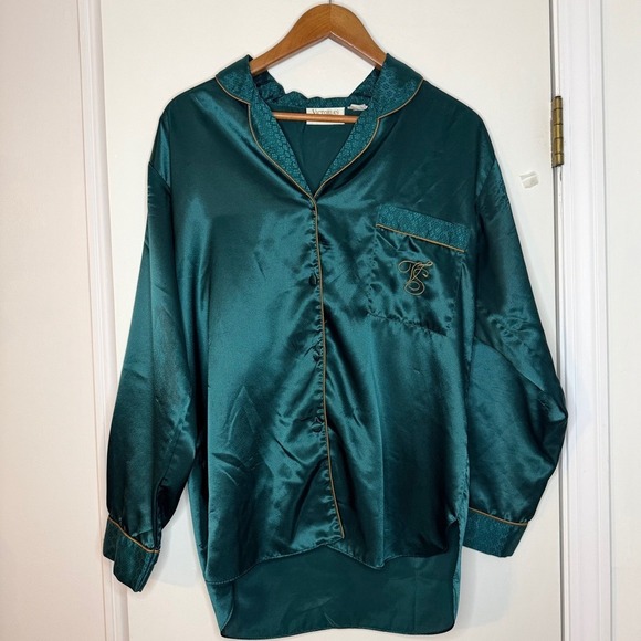 Victoria's Secret Other - Vintage Victoria's Secret Green Satin Pajama Top Shirt Small Monogram Sleepwear